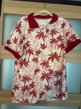 SHEIN Red and White Palm Tree Print Polo Shirt